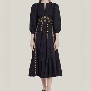RHODE Eunice Puff-Sleeve Embroidered Midi Dress in Black Size XS